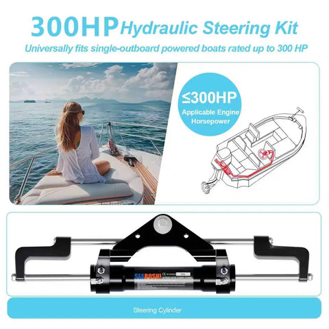 Beefed Up 300 HP Front Mounted Steering Cylinder for Outboard Boat with diagram and usage illustration