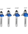 4-piece set of 45-degree chamfer router bits with 1/4 in shank; diameters 1/4 in, 5/16 in, 3/8 in, 1/2 in for angled edges.