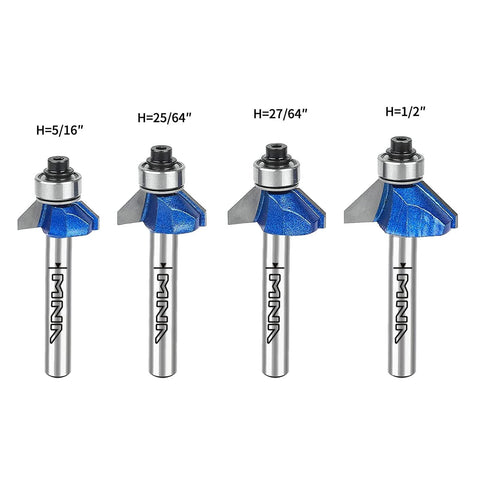 4-piece set of 45-degree chamfer router bits with 1/4 in shank; diameters 1/4 in, 5/16 in, 3/8 in, 1/2 in for angled edges.