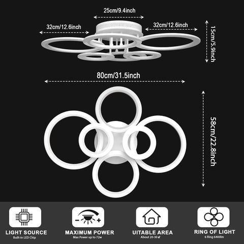 Diagram of Dope Six Ring LED Modern Chandelier 6400 LM 31.5 Inch Flush Mount Ceiling Light Dimmable Color Temperature 2800K to 7000K
