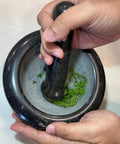 Heavy Duty Granite Mortar And Pestle Set 6 Inch Stone Grinder Crushing Fresh Herbs, Non Slip Base Durable Black Kitchen Essential