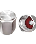 Eight Pack Silver Metal Tire Valve Caps With Rubber Seal Dust Proof Covers showing exterior and interior view