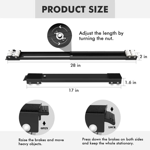 Diagram of Extendable Furniture Dolly With Telescoping Base dimensions and adjustments, showing 17 to 28 inch range and locking mechanisms.