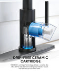 Close-up of the drip-free ceramic cartridge of Heavy Duty Matte Black Kitchen Faucet With Smooth Operator Pull Down Sprayer.