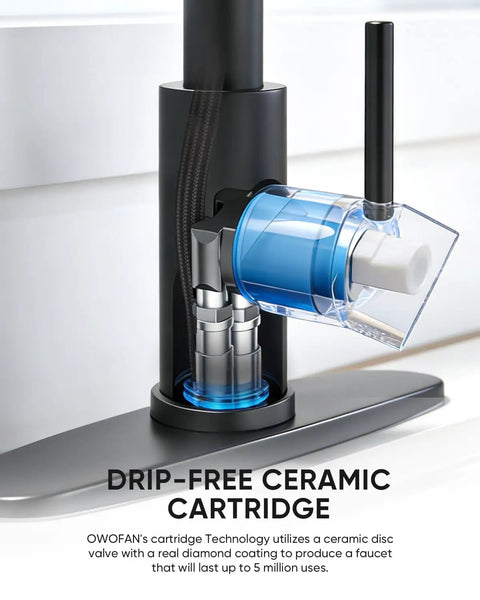 Close-up of the drip-free ceramic cartridge of Heavy Duty Matte Black Kitchen Faucet With Smooth Operator Pull Down Sprayer.