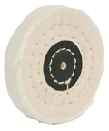 Premium Polishing Wheels 2 To 8 Inches For Metal Wood And Stainless Steel Plus Aluminum Plastic Ceramic Glass Using Wax Buffing Kit Fast Shiny Finish, flat cloth buffing wheel with a black center.