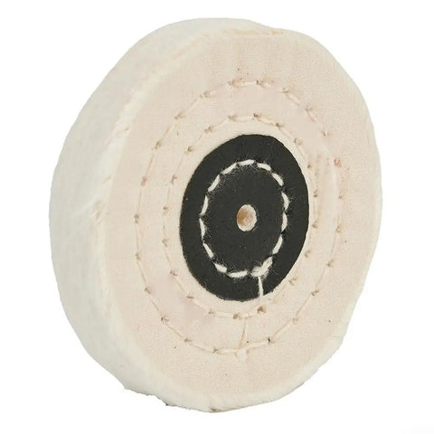 Premium Polishing Wheels 2 To 8 Inches For Metal Wood And Stainless Steel Plus Aluminum Plastic Ceramic Glass Using Wax Buffing Kit Fast Shiny Finish, flat cloth buffing wheel with a black center.