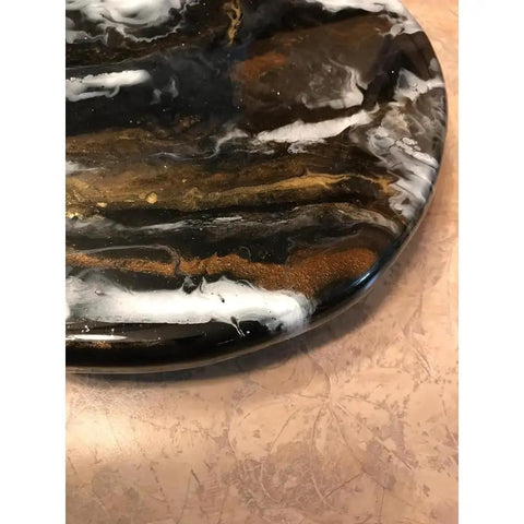 Close-up of 9.5 Inch Resin Marble Lazy Susan with Smooth 360 Degree Rotation For Kitchen Countertop And Dining Table Slick Black Gold White
