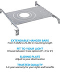 New Construction Mounting Plate For Led Recessed Lighting Kits Three Quarter Inch And Six Inch Compatible Upgrade with extendable hanger bars and sliding plate in galvanized metal.