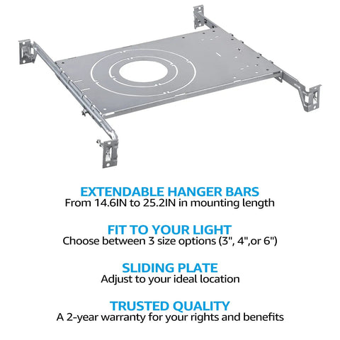 New Construction Mounting Plate For Led Recessed Lighting Kits Three Quarter Inch And Six Inch Compatible Upgrade with extendable hanger bars and sliding plate in galvanized metal.