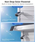 Two solar-powered wireless cameras mounted on a house, with built-in and add-on solar panels, for the Solar Wireless Outdoor Security Camera Kit For Home, 4MP System With Local 64GB Storage Expandable To 512GB, No Monthly Fee, Easy Setup, Color Night Vision, 2.4GHz And 5GHz WiFi, 4 Camera Security Kit.