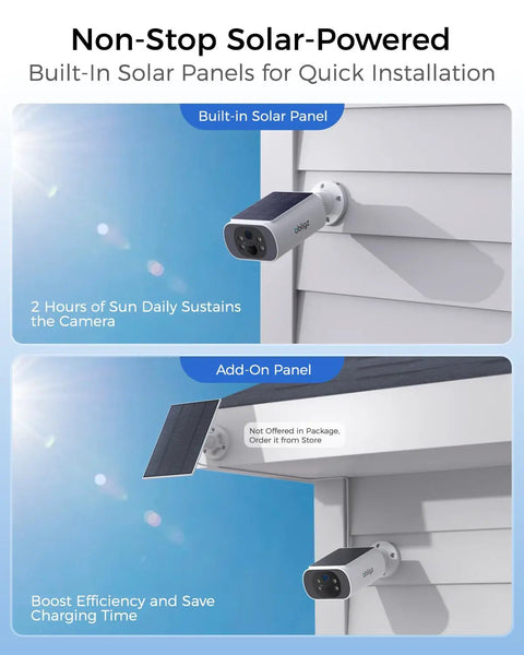 Two solar-powered wireless cameras mounted on a house, with built-in and add-on solar panels, for the Solar Wireless Outdoor Security Camera Kit For Home, 4MP System With Local 64GB Storage Expandable To 512GB, No Monthly Fee, Easy Setup, Color Night Vision, 2.4GHz And 5GHz WiFi, 4 Camera Security Kit.
