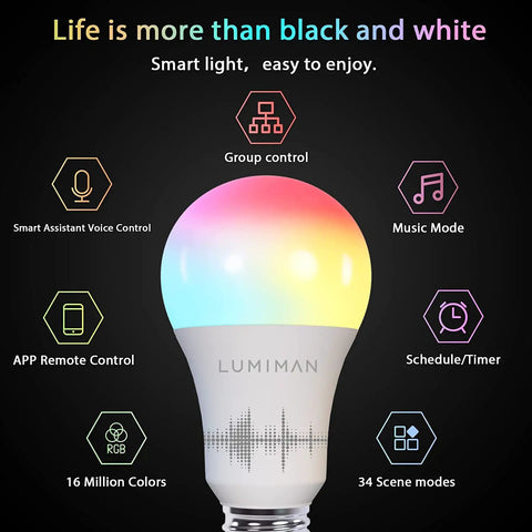 Smart LED Light Bulbs 4 Pack With Color Changing RGBWW Music Sync Alexa Ready Without Hub A19 800LM 7.5W