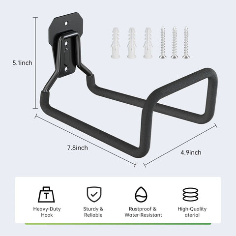 Heavy Duty Garden Hose Holder Wall Mount Built Tough Steel Hose Hanger With Hook and screws, dimensions labeled