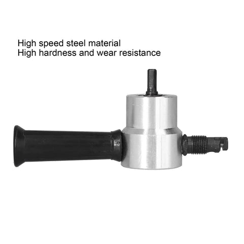 Ftovogue Double Head Metal Cutter Sheet Nibbler Drill Attachment High Speed Steel for Circle Cutting and Trimming 1500 To 3000Rpm side view with handle.