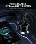 Top Shelf 200W Usb C Car Charger Featuring Dual 100W PD Ports For Super Fast Laptop And Phone Charging Includes Two Heavy Duty Usb C Cables For Your Daily Grind plugged into dashboard with phone displaying battery charge.