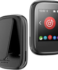Bluetooth 5.3 Mp3 Player With Touch Screen Clip On Back Portable Kids Music Player Built In Voice Recorder FM Radio Outdoors Ready Supports Expandable Up To 512GB Earphones Included, front and back view