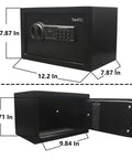 Durable Steel Security Safe With Digital Keypad And Emergency Power Port For Cash Jewelry And Documents, Compact 12.2 W By 7.87 D By 7.87 H Inches, Black, 0.44 Cu Ft, front and open view showing interior dimensions.