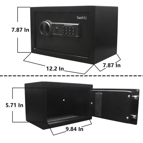 Durable Steel Security Safe With Digital Keypad And Emergency Power Port For Cash Jewelry And Documents, Compact 12.2 W By 7.87 D By 7.87 H Inches, Black, 0.44 Cu Ft, front and open view showing interior dimensions.
