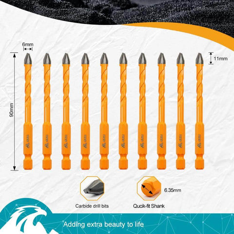 EXFEIN carbide drill bits, 6mm, 10-piece orange-coated set with quick-fit shank for ceramic/porcelain tile and stone.