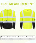 6 Pack Class 3 High Visibility Long Sleeve Safety Shirts With Reflective Strips And Pocket Wicking Breathable Hi Vis Workwear For Construction Roadwork Outdoor Jobs Yard Crew Size XL size measurements showing front and back views.