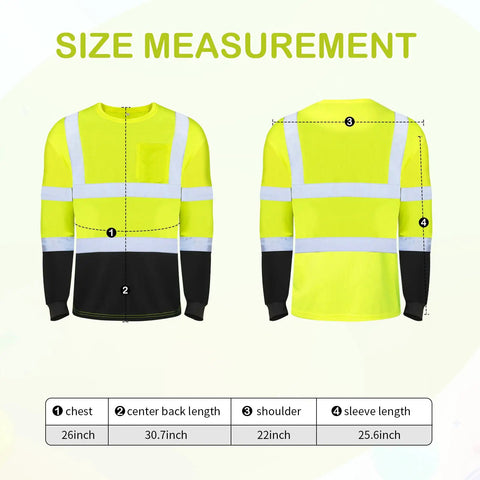 6 Pack Class 3 High Visibility Long Sleeve Safety Shirts With Reflective Strips And Pocket Wicking Breathable Hi Vis Workwear For Construction Roadwork Outdoor Jobs Yard Crew Size XL size measurements showing front and back views.