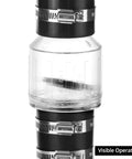 QWORK CV-150 silent check valve, front view, 1-1/2 in, clear body with steel hose clamps