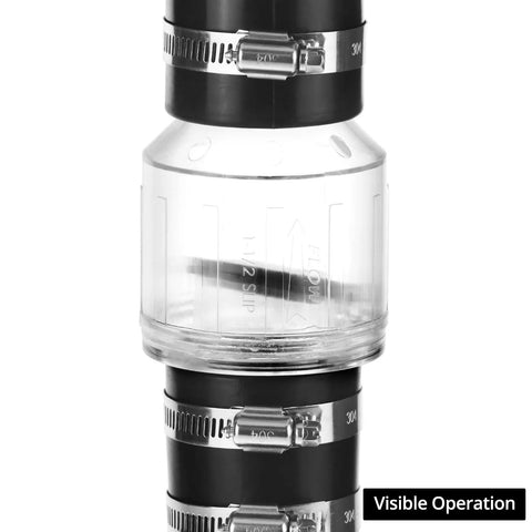 QWORK CV-150 silent check valve, front view, 1-1/2 in, clear body with steel hose clamps
