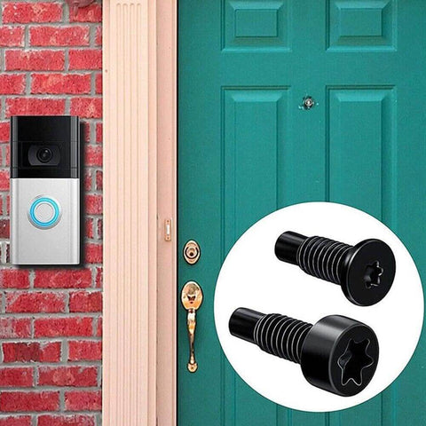 Replacement Screws For Ring Video Doorbell 20Pcs Black 4 Size Set With T5 And T16 Heads shown next to installed doorbell