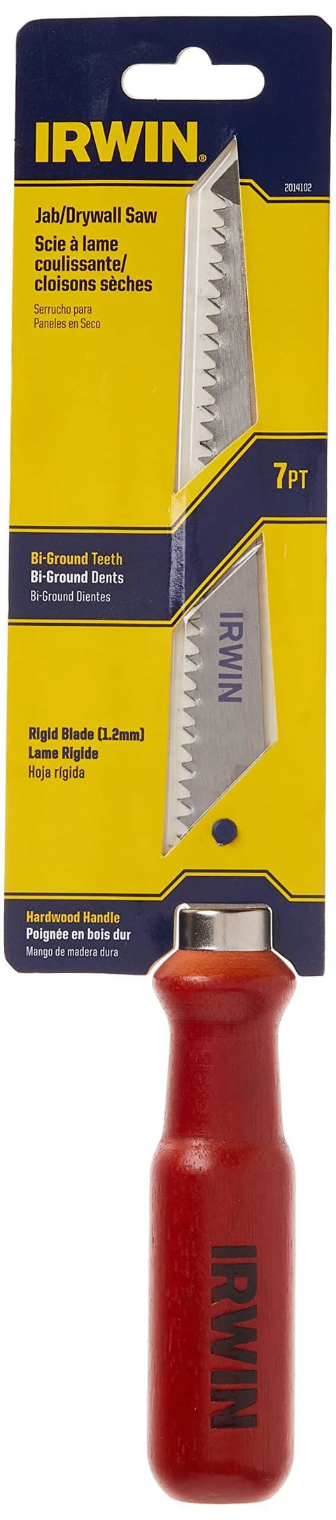 Front view: IRWIN Jab/Drywall Saw with red wooden handle in yellow/blue packaging; 7-pt bi-ground teeth
