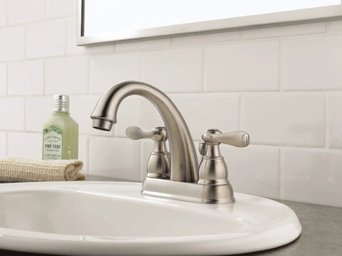 Windemere Centerset Brushed Nickel Bathroom Faucet For 4-Inch 3-Hole Vanity Sink With Metal Push-Pop Drain Assembly Stainless B2596LF-SS