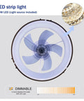 20" Walnut Flush Mount Ceiling Fan with LED Light, 40W dimmable LED strip light and visible fan blades.