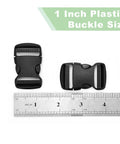 Three Pack 1 Inch Inner Diameter Plastic Buckles Dual Release For Backpacks displayed with a ruler for size reference