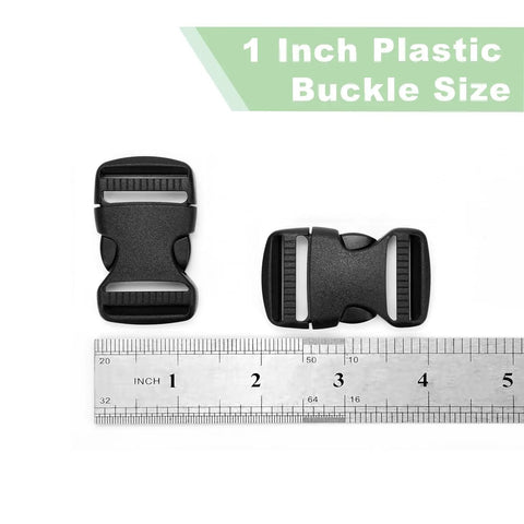 Three Pack 1 Inch Inner Diameter Plastic Buckles Dual Release For Backpacks displayed with a ruler for size reference
