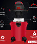 Heavy Duty 6 Gallon Wet Dry Vacuum With 3.0 Peak HP showing features like ergonomic handle, vacuum port, and filter bag