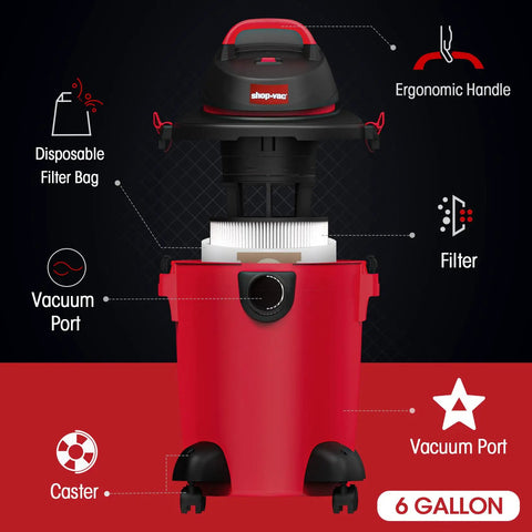 Heavy Duty 6 Gallon Wet Dry Vacuum With 3.0 Peak HP showing features like ergonomic handle, vacuum port, and filter bag