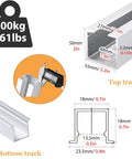 Heavy Duty Aluminum Sliding Door Track Kit For Bifold And Interior Partition Systems Featuring Knockout Durability And Silky Smooth Swivel Caster Rollers 10 Feet Long, measuring specifications and maximum weight capacity.