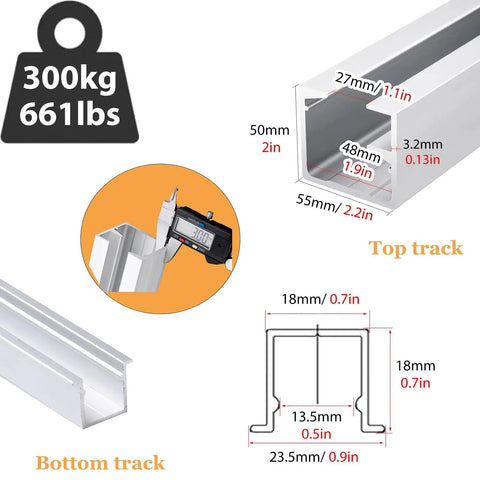 Heavy Duty Aluminum Sliding Door Track Kit For Bifold And Interior Partition Systems Featuring Knockout Durability And Silky Smooth Swivel Caster Rollers 10 Feet Long, measuring specifications and maximum weight capacity.