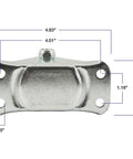 Front view of a 3-inch heavy-duty rubber caster with rigid non-swivel top plate; metal housing with four mounting holes.