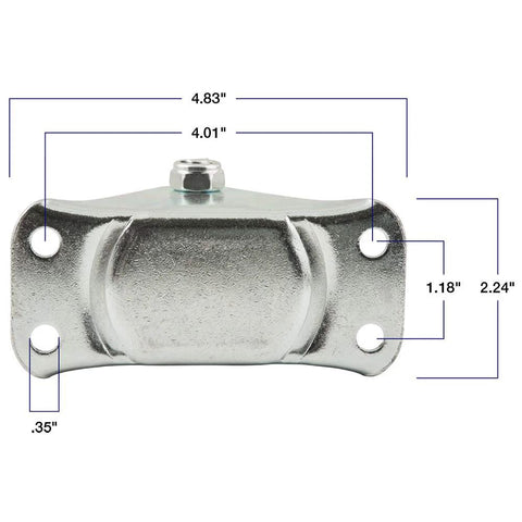 Front view of a 3-inch heavy-duty rubber caster with rigid non-swivel top plate; metal housing with four mounting holes.