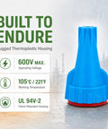Built Damn Tough Waterproof Wire Connectors With Thick Silicone Sealant For Landscape Lighting And Irrigation Sprinkler Wiring Low Voltage Nut Caps 22 To 8 AWG 10 Pack, blue thermoplastic connector close-up.