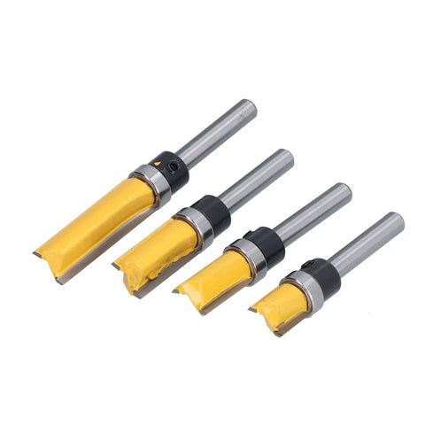 Premium Trim Router Bit Kit With 2 Conventional Blades For Flawless Flush Cuts And Precision Tenon Trimming On Wood MDF Laminate Plywood And Acrylic Materials Without Snagging Or Splintering, showing four tungsten steel bits.