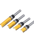 Adjustable Hinge Router Bit Set 4 Piece 1/4 Inch Shank Tungsten Carbide Blade Tenon Cutter in yellow and silver for woodworking.