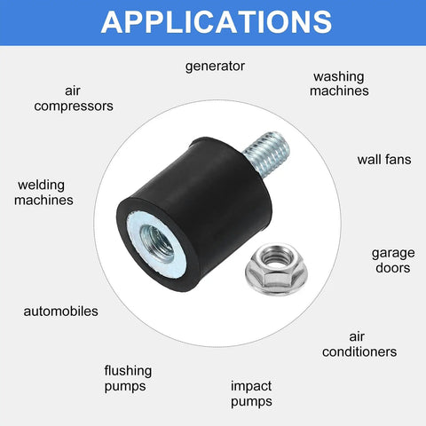 Heavy Duty M5 Rubber Anti Vibration Isolator Mounts featuring zinc plated hardware for generators, cars, and compressors.