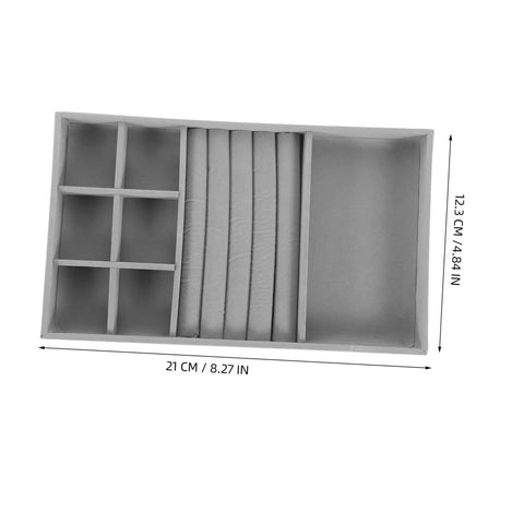 Chic Five Grid Jewelry Organizer Tray For Dresser Drawer With Cozy Flannel Interior And Polished Faux Leather Exterior top view with measurements