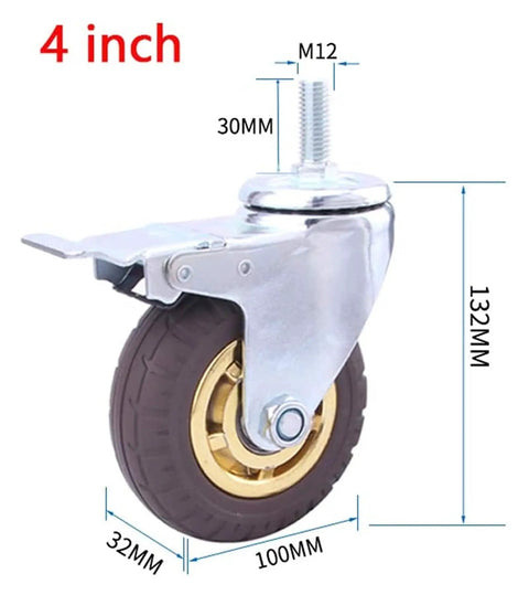 Badass Heavy Duty Rubber Swivel Casters 4 Inch Gray Rubber Wheels M12 Thread Stem showing 4-inch caster with steel fork.