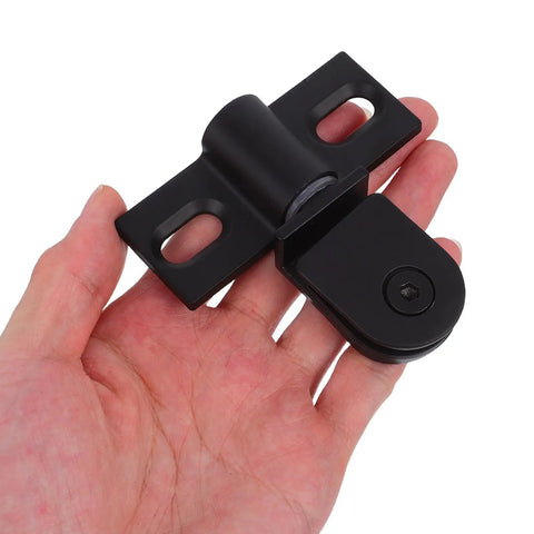 Black Go To Heavy Duty Glass Shower Door Pivot Hinge in Stainless Steel held in hand demonstrating size