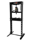 Heavy Duty 20 Ton Hydraulic Shop Press With H Frame Design And Adjustable Worktable, built like a tank, black carbon steel, for garage use.