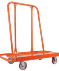 Heavy Duty Steel Frame Drywall Sheet Cart And Panel Dolly Featuring Detachable Massive Wide Deck For Rugged All Day Beat Down Ready Worksites And Heavy Equipment Hauling Rig in orange color.