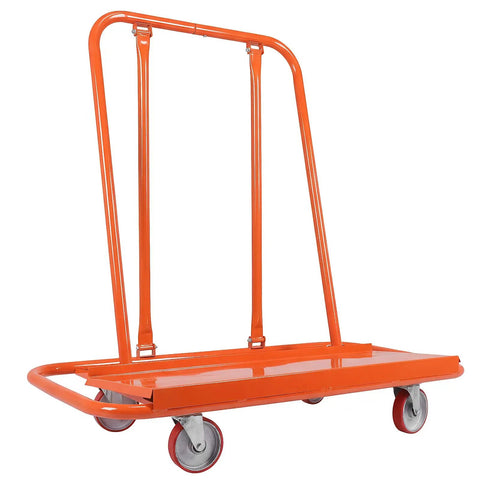 Heavy Duty Steel Frame Drywall Sheet Cart And Panel Dolly Featuring Detachable Massive Wide Deck For Rugged All Day Beat Down Ready Worksites And Heavy Equipment Hauling Rig in orange color.